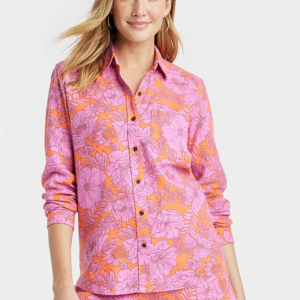 Universal Thread Purple Orange Floral Button-Down Shirt Vacation Resort Tropical